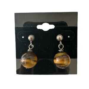 Vintage Gold‎ Tone Tiger Eye Ball Pierced Earrings